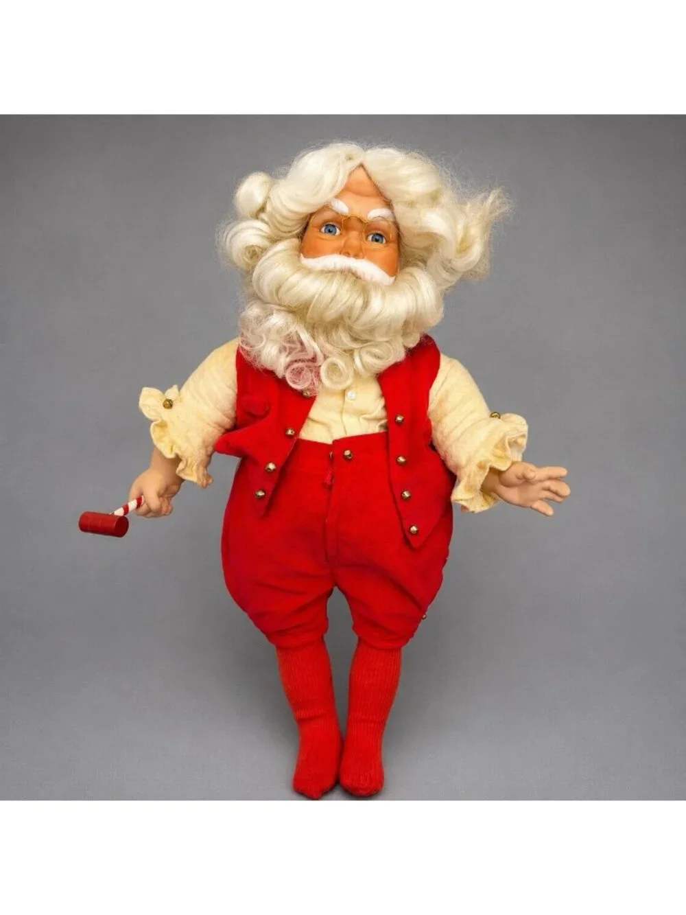 Vintage Santa Claus Christmas Doll Red Felt Outfit White Beard Wire Rim Glasses